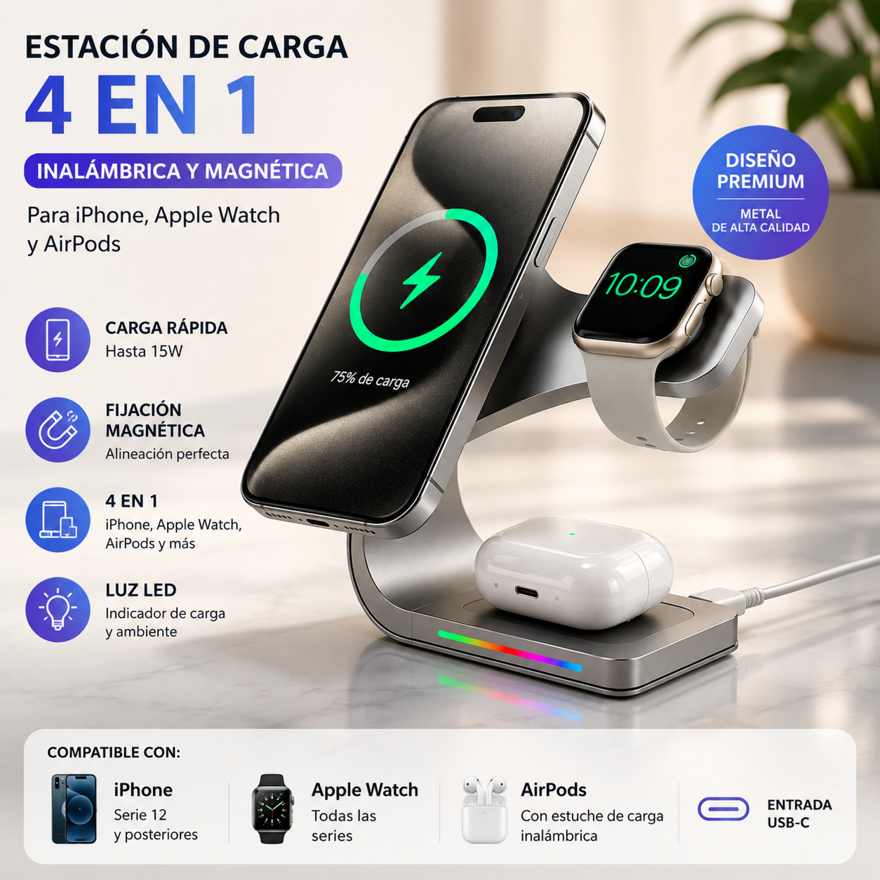 Cargador inalámbrico MagSafe 4 en 1, estación de carga magnética