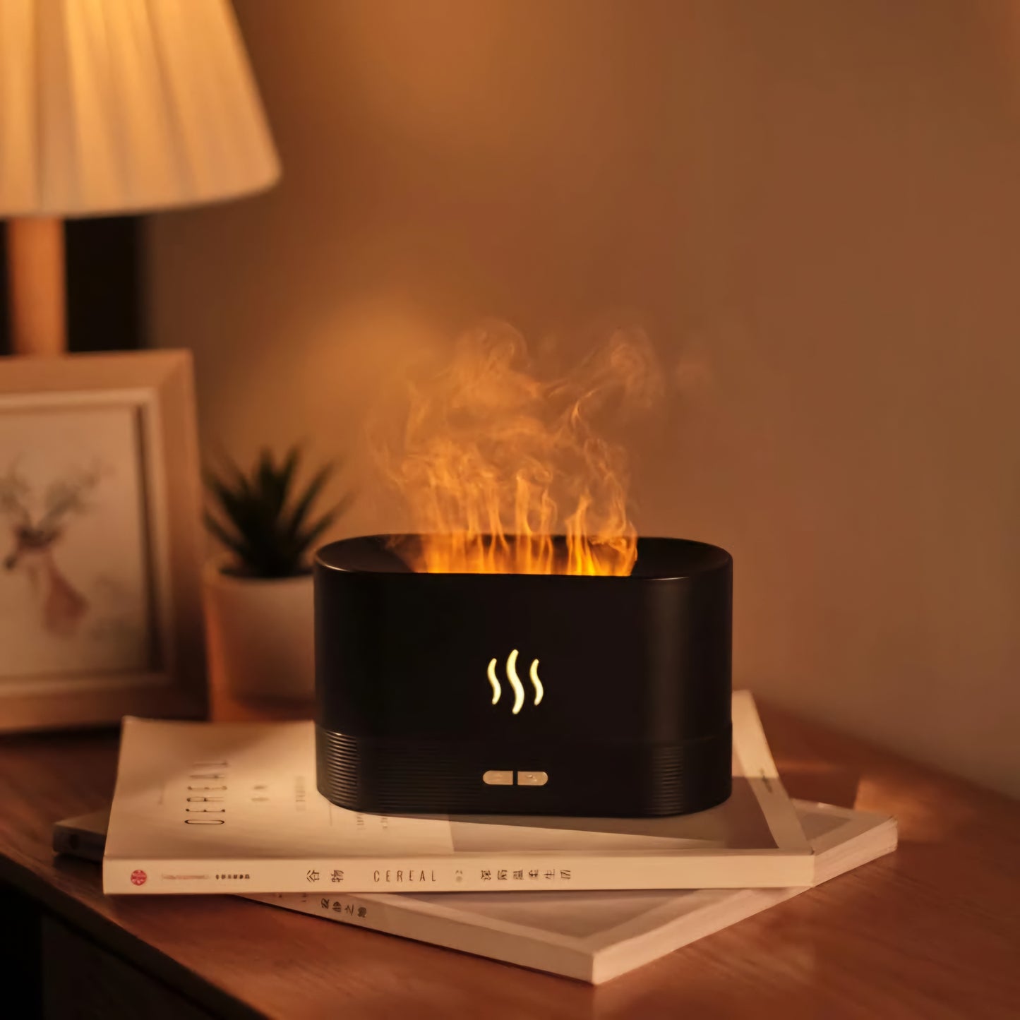 Humidificador y difusor de aromas con efecto de llama LED.