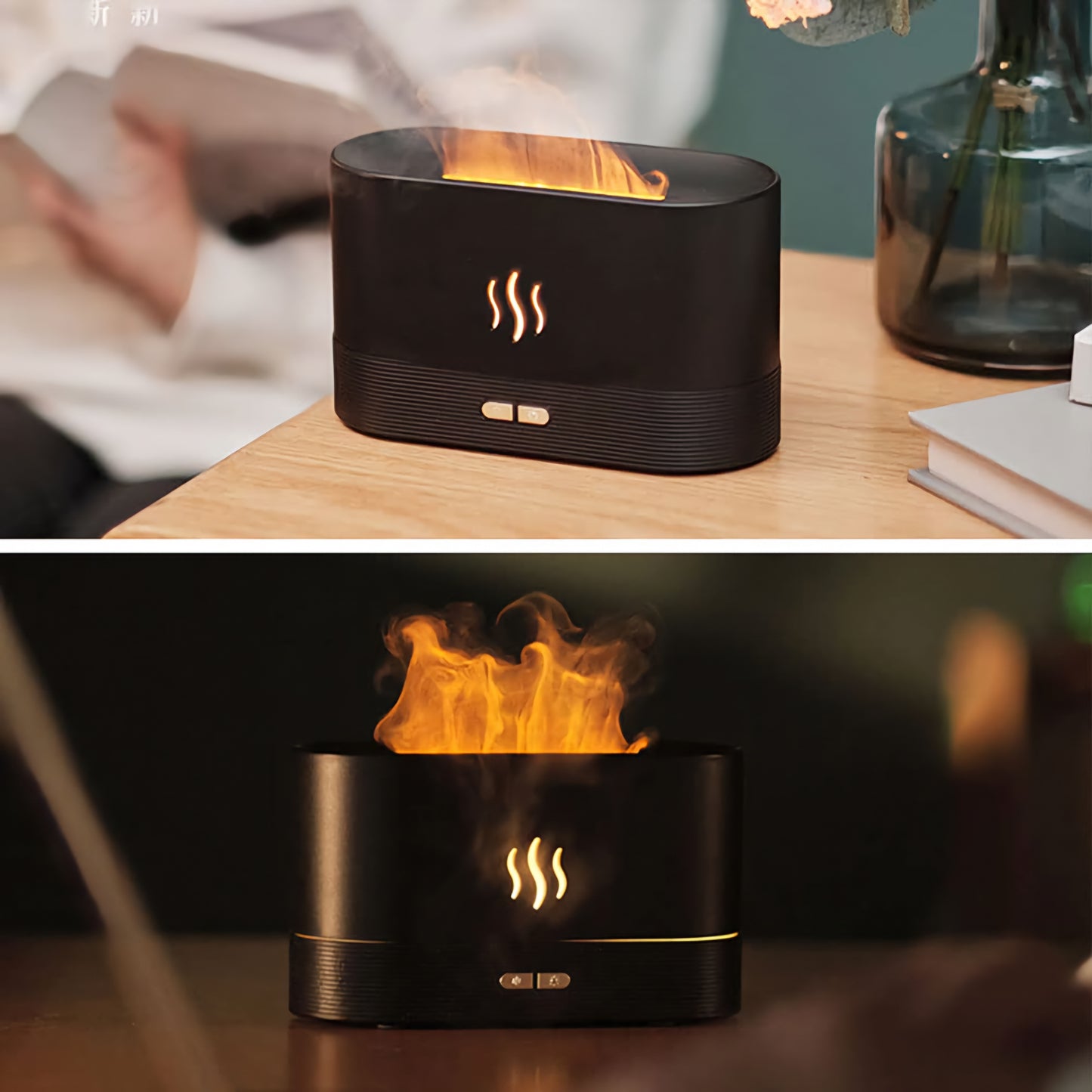 Humidificador y difusor de aromas con efecto de llama LED.