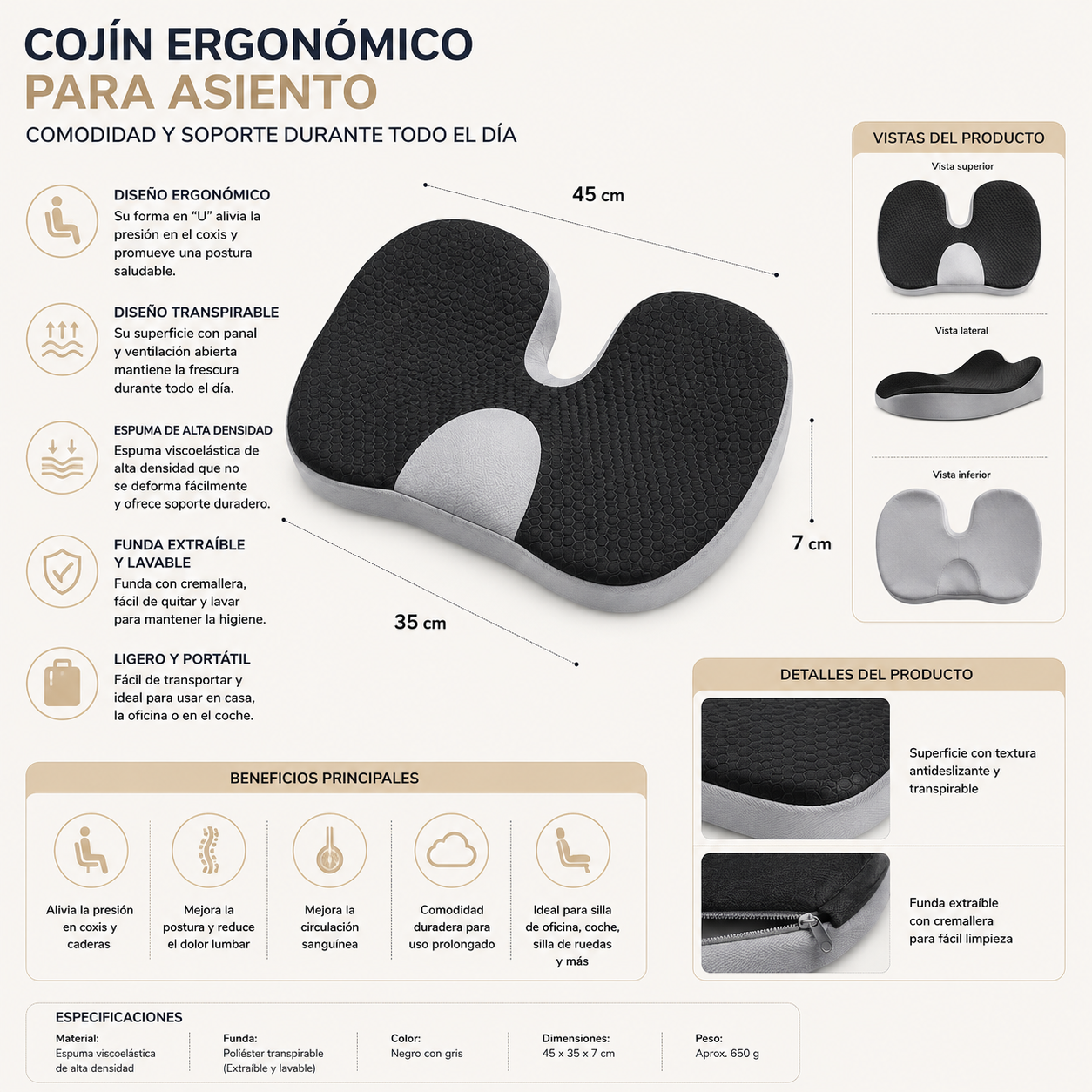 Klarivo ComfortSeat Pro™ Cojín ergonómico premium