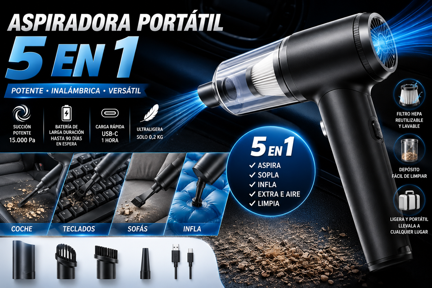 Aspiradora Portátil 5 en 1 | 15.000 Pa de Potencia para Casa y Coche