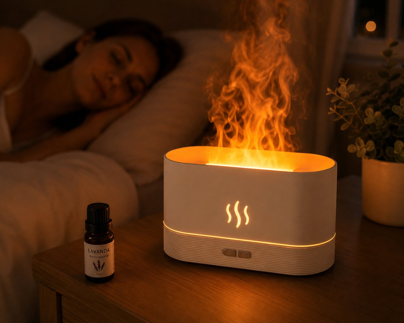 Humidificador y difusor de aromas con efecto de llama LED.