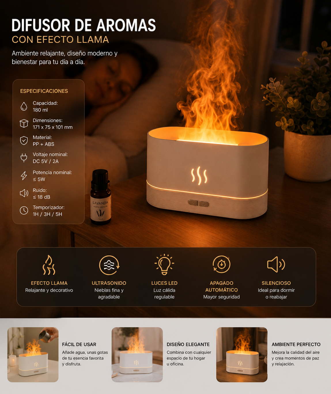 Humidificador y difusor de aromas con efecto de llama LED.