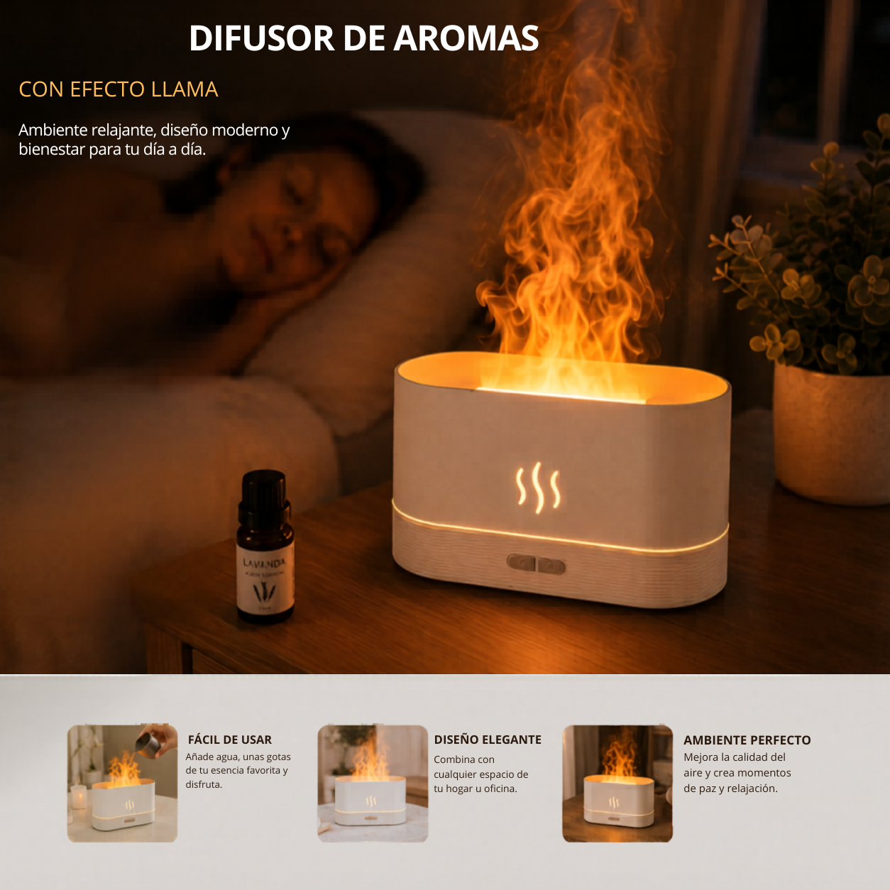 Humidificador y difusor de aromas con efecto de llama LED.