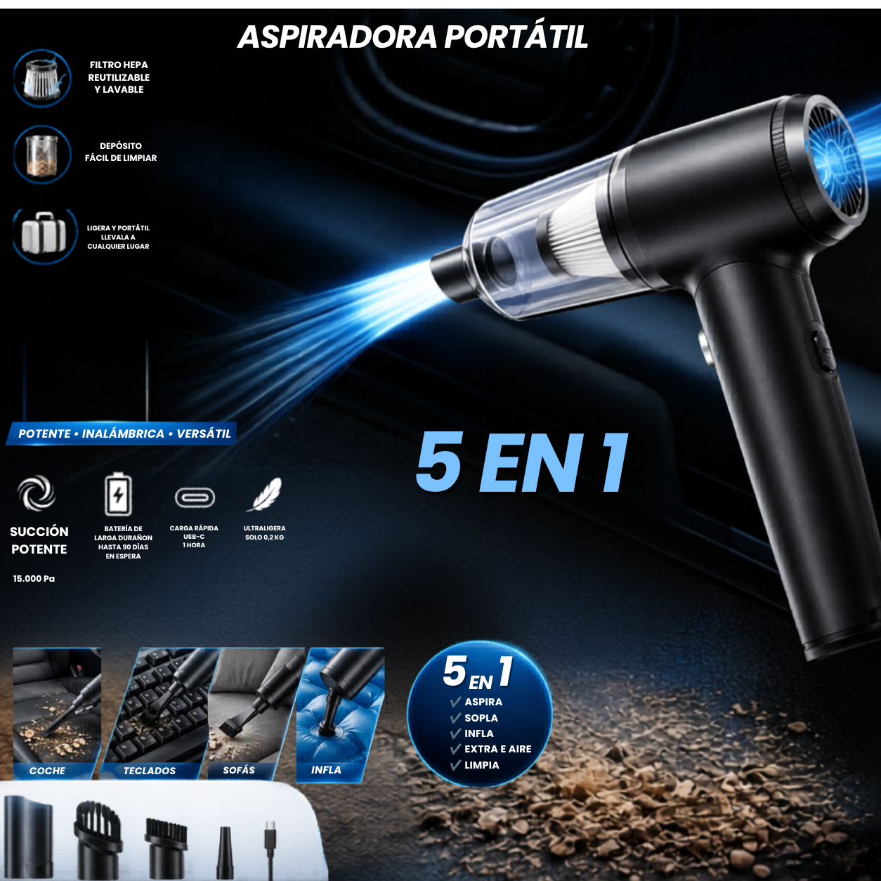 Aspiradora Portátil 5 en 1 | 15.000 Pa de Potencia para Casa y Coche